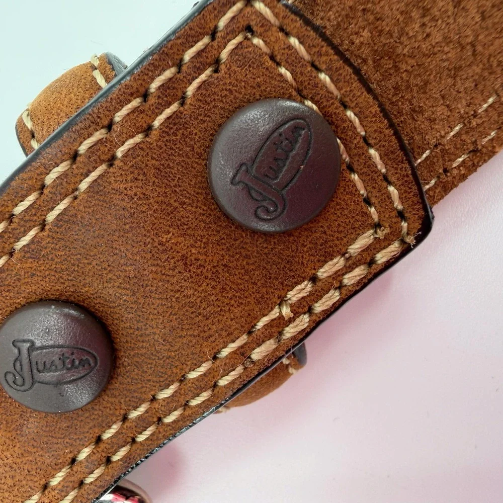 Vtg Justin Belt Mens 36 Brown Leather Silver Tone Buckle Concho Western Cowboy
